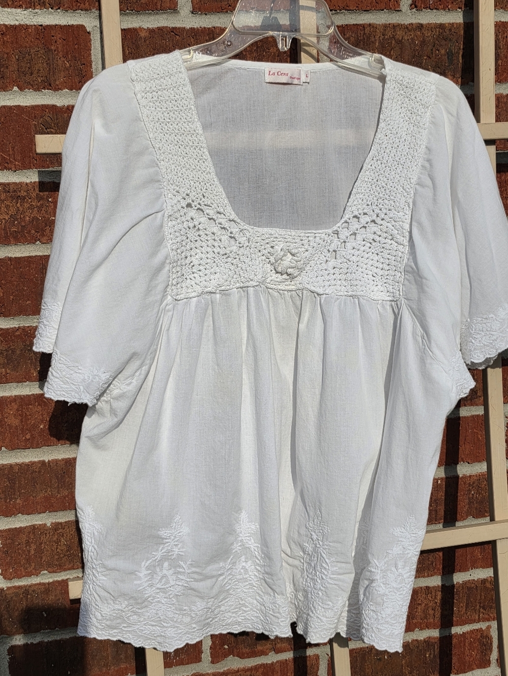 LA CERA Flowy Short Sleeves Embroidered And Crocheted Large White
